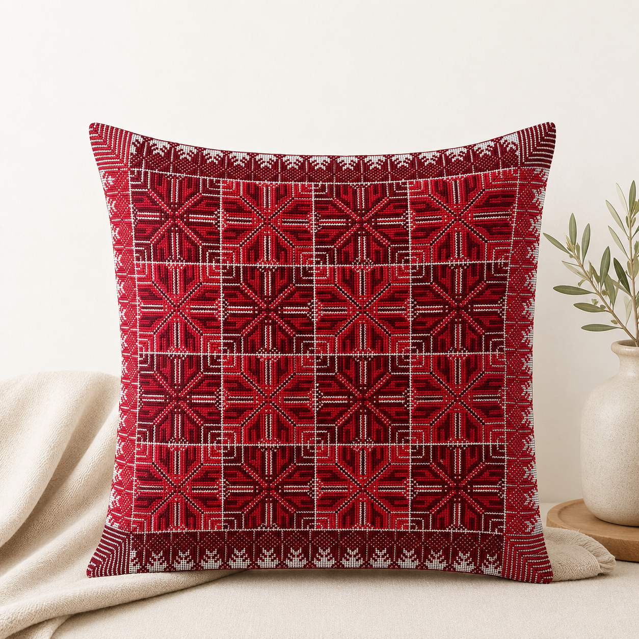 Hand Embroidered Pillow Case - Red 2