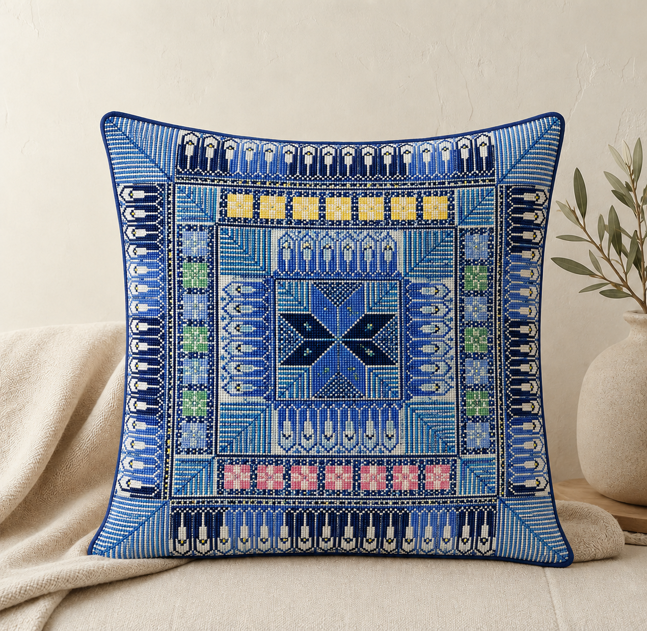 Hand Embroidered Pillow Case - Blue 2