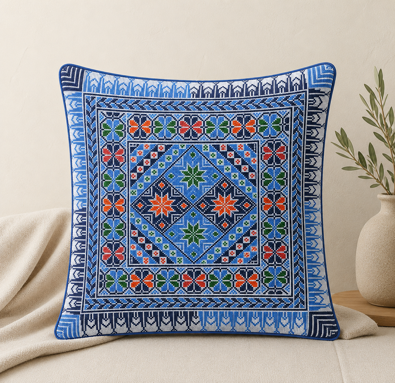 Hand Embroidered Pillow Case - Blue