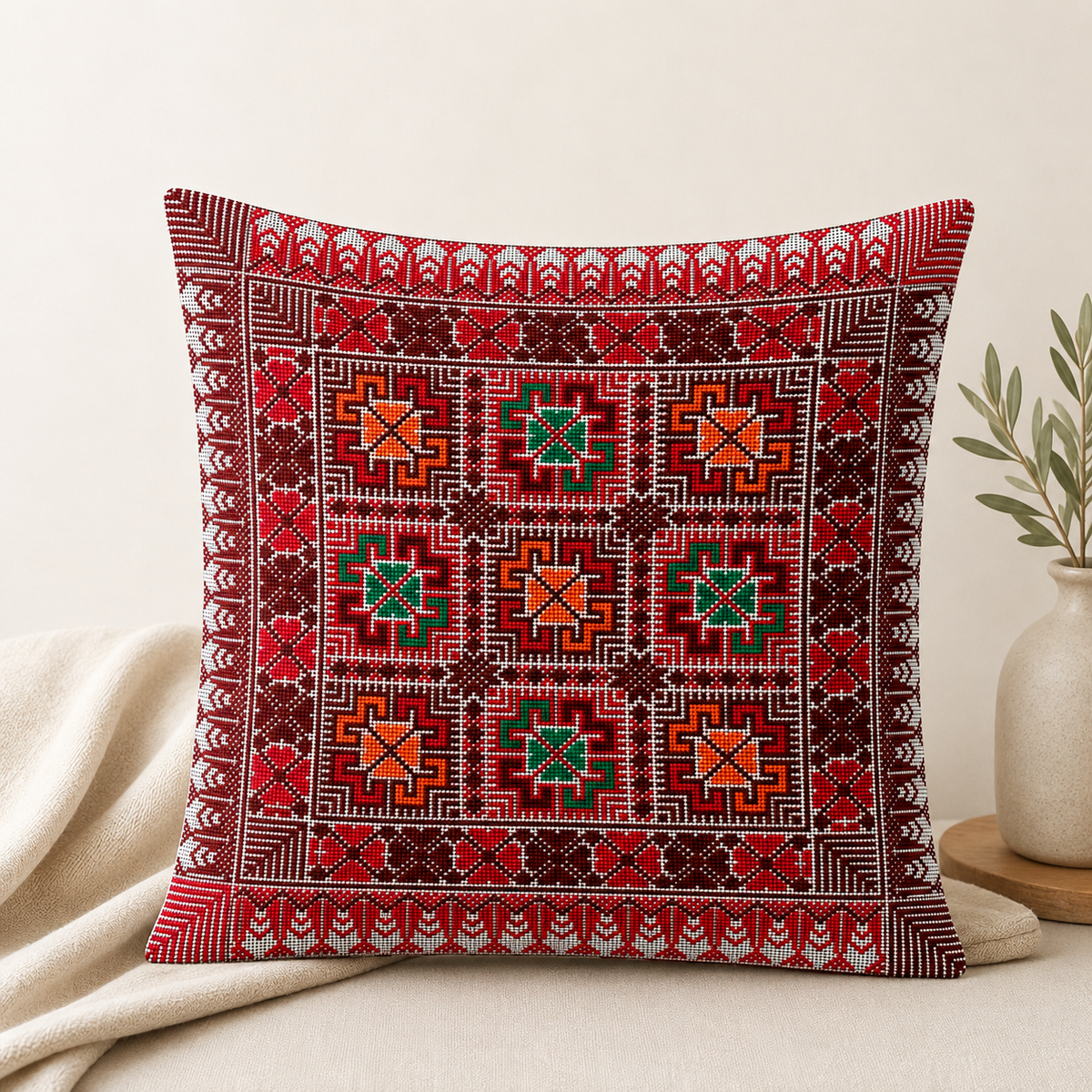 Hand Embroidered Pillow Case - Red 3