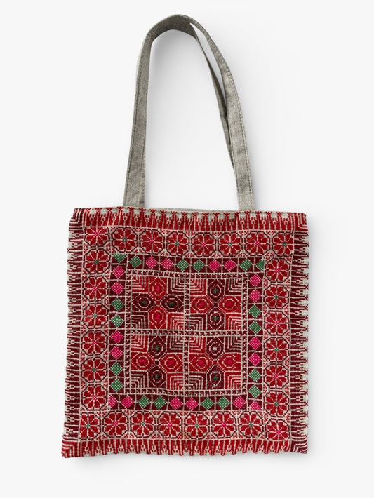 Hand Embroidered Tote Bag - Red Multicoloured