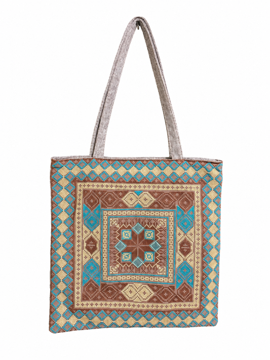 Tatreez Tote Bag - Blue and Brown