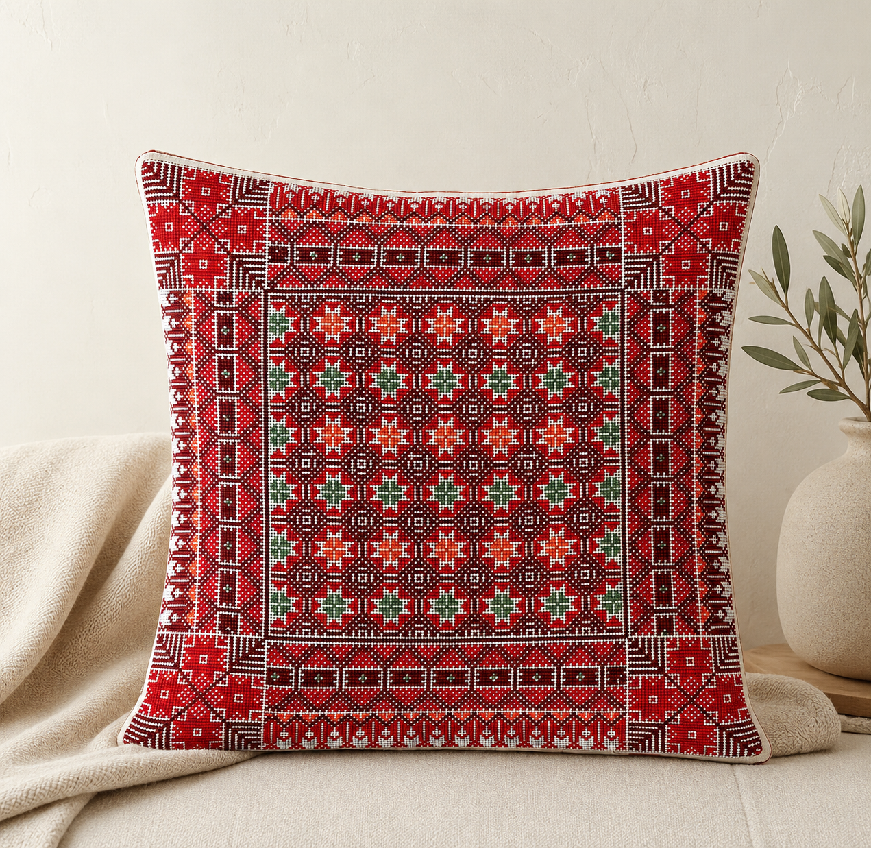 Hand Embroidered Pillow Case - Red