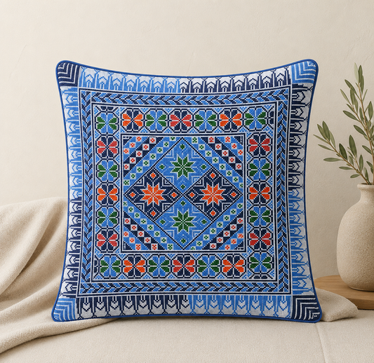 Hand Embroidered Pillow Case - Blue